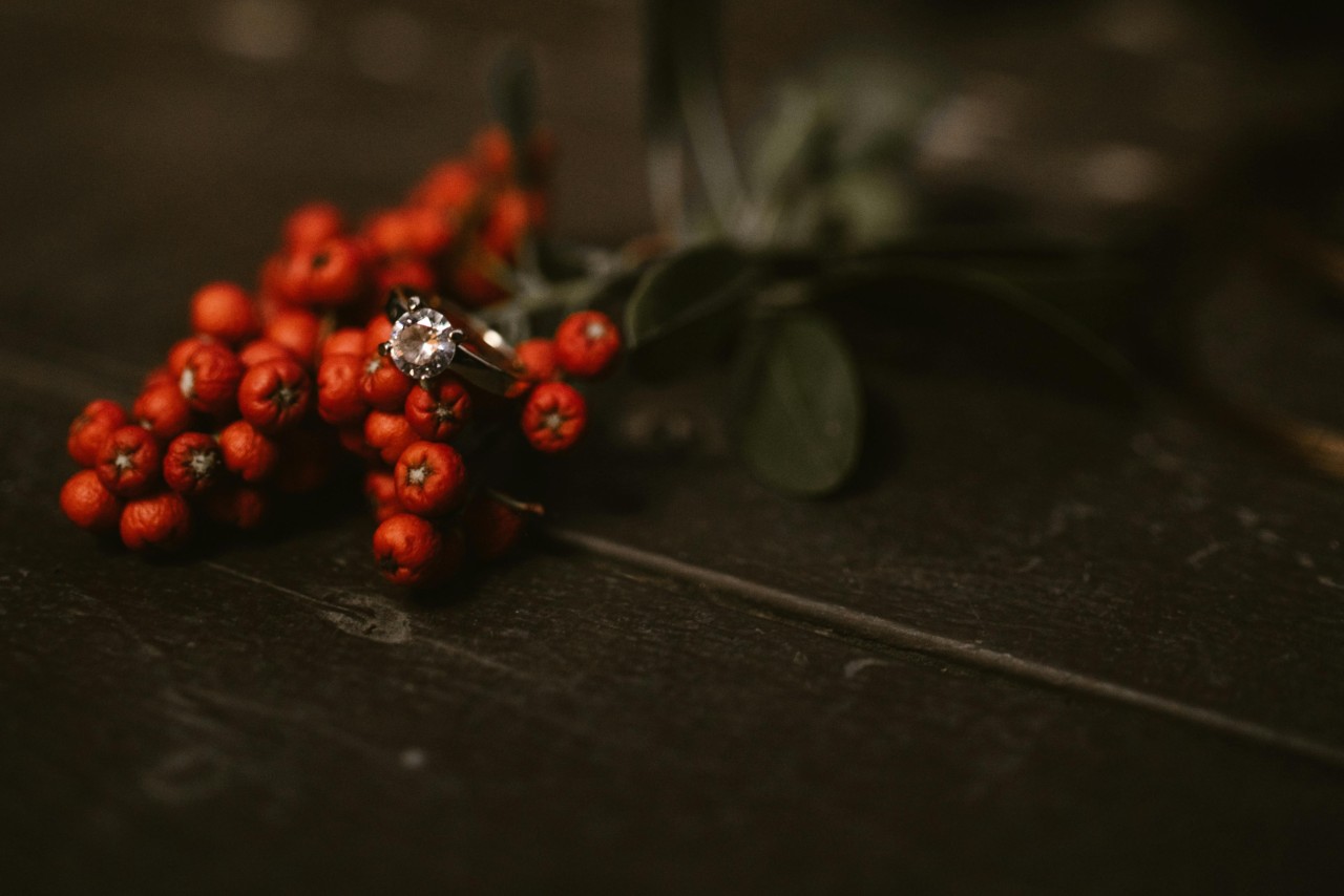 a solitaire diamond engagement ring sitting on a clump of red berries