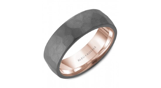 A tantalum wedding band with a hammered finish and rose gold interior, available at The Wedding Ring Shop.