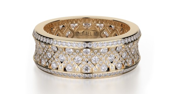 a large, lavishly designed gold ring featuring a multitude of diamonds a large, lavishly designed gold ring featuring a multitude of diamonds